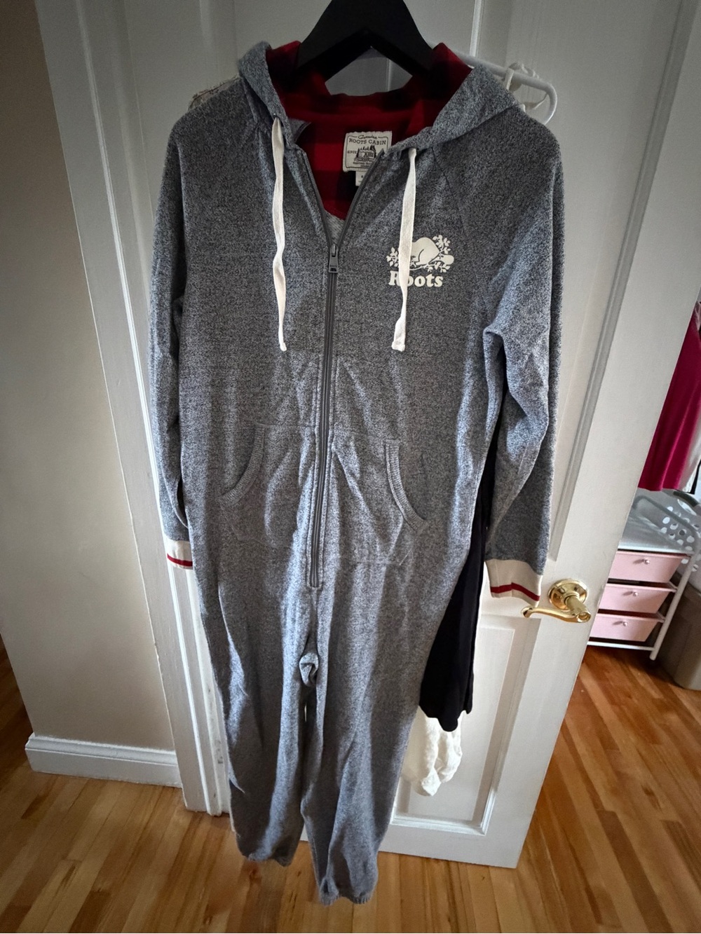 Roots Gray Onesie with Red Hood Lining